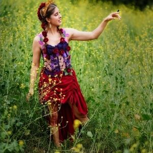 Floral Lace Top and Red Skirt Ensemble